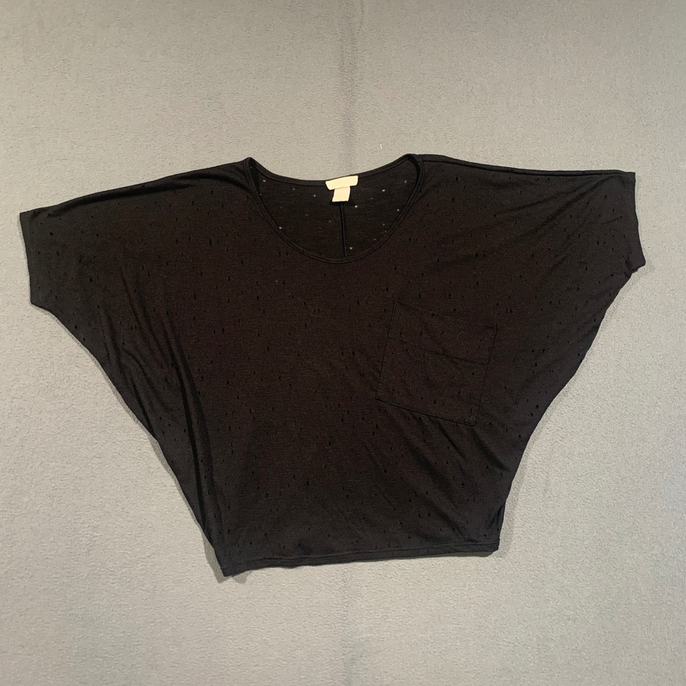 Moon Kiss Perforated Black Batwing Short‎ Sleeve Grunge Pocket Top Womens